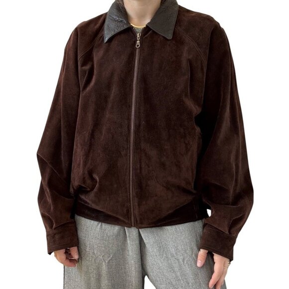 Vintage Cypress Grove Unisex Brown Suede Leather Oversized Bomber Jacket Sz L - Picture 1 of 10